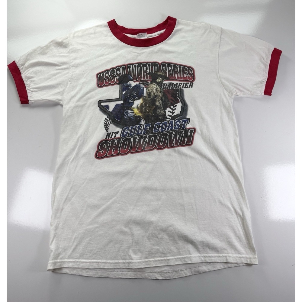 Vintage USSA World Series T-Shirt Men's M Single Stitch Ringer Tee Red White